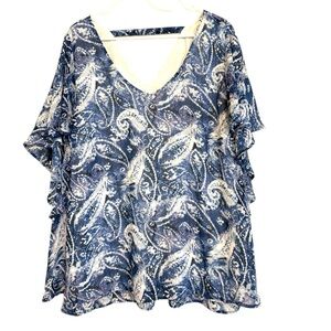 2/$30 NY Collection Blue & White Paisley Flutter Sleeve Blouse 2X NWT